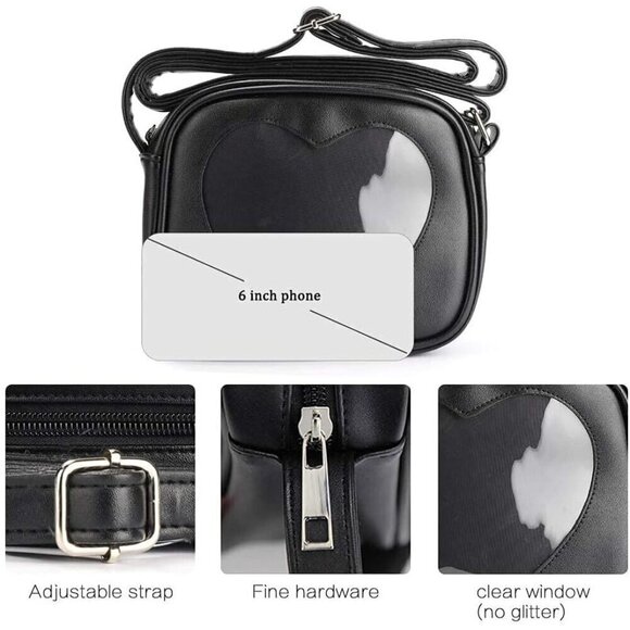 Women Black Ita Bag Crossbody Cat Small Ita Purse Pin Display Bag with Insert - Picture 7 of 7